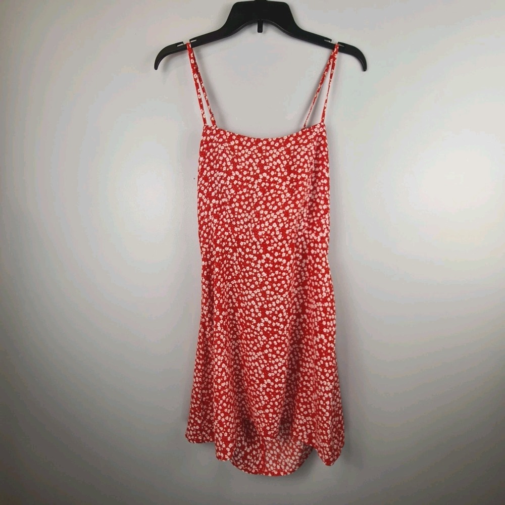 Faithfull the Brand "Capreria" Floral Mini Dress Cherry Red Large Tie Back Sexy